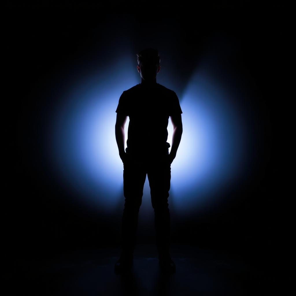 A striking portrait of a person standing in a bright spotlight with a dark, shadowy background surrounding them