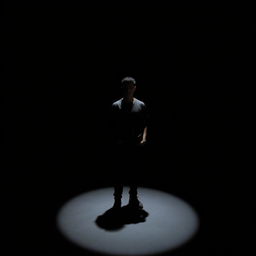 A striking portrait of a person standing in a bright spotlight with a dark, shadowy background surrounding them