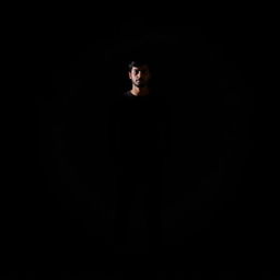 A striking portrait of a person standing in a bright spotlight with a dark, shadowy background surrounding them