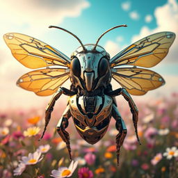 A futuristic robotic bee with intricate metallic body designed like a human figure, complete with human-like facial features and fierce, intense eyes