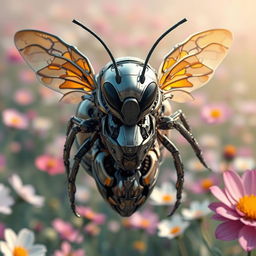 A futuristic robotic bee with intricate metallic body designed like a human figure, complete with human-like facial features and fierce, intense eyes