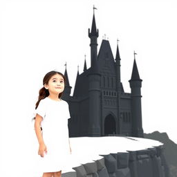 A girl named Nazli standing thoughtfully beside a striking black castle, with a bright white background that adds a stark contrast to the scene