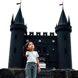 A girl named Nazli standing thoughtfully beside a striking black castle, with a bright white background that adds a stark contrast to the scene
