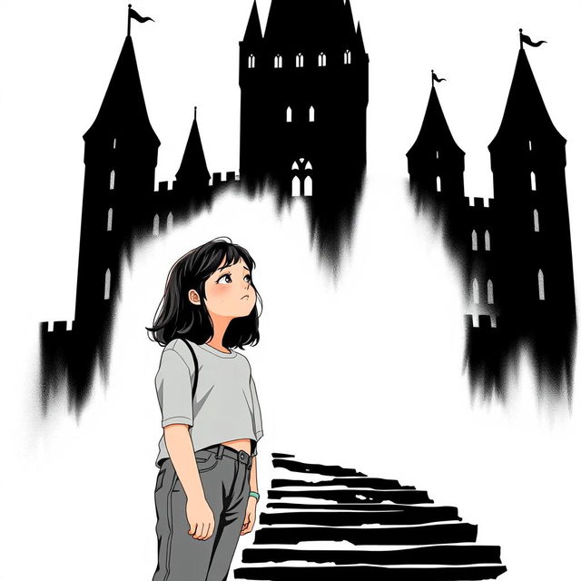 A girl named Nazli standing thoughtfully beside a striking black castle, with a bright white background that adds a stark contrast to the scene