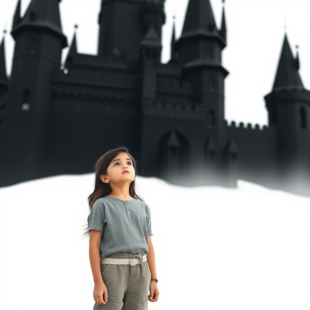 A girl named Nazli standing thoughtfully beside a striking black castle, with a bright white background that adds a stark contrast to the scene