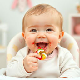 A cute baby with a joyful expression, sitting in a high chair, happily eating a colorful candy