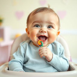 A cute baby with a joyful expression, sitting in a high chair, happily eating a colorful candy