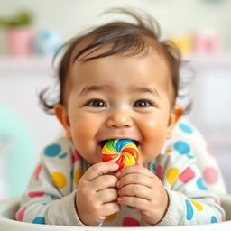 A cute baby with a joyful expression, sitting in a high chair, happily eating a colorful candy