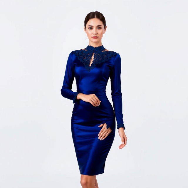 A sleek and elegant dress design, tailored to follow a slim silhouette, featuring a high neckline and long sleeves