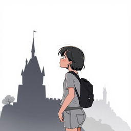 A girl named Nazli stands next to a black castle, gazing thoughtfully at it