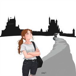 A girl named Nazli stands next to a black castle, gazing thoughtfully at it