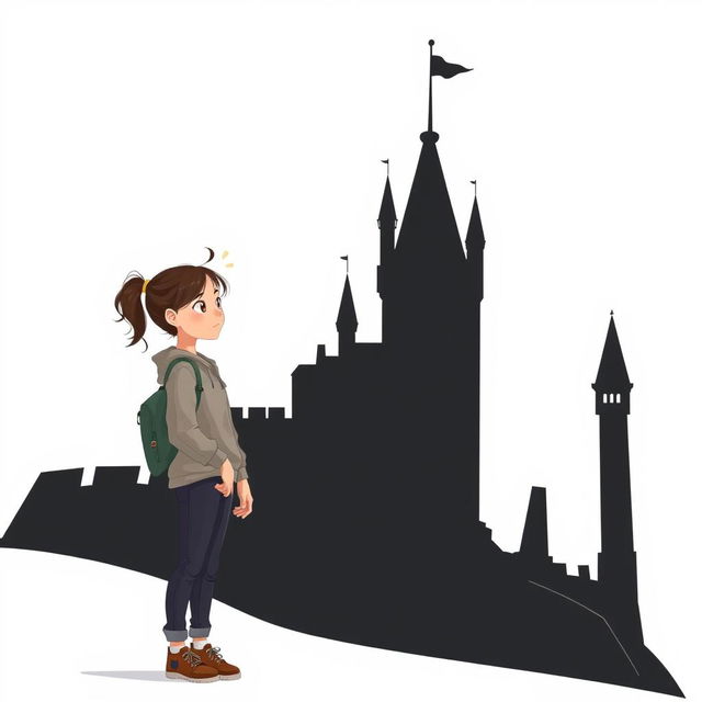 A girl named Nazli stands next to a black castle, gazing thoughtfully at it