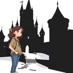 A girl named Nazli stands next to a black castle, gazing thoughtfully at it
