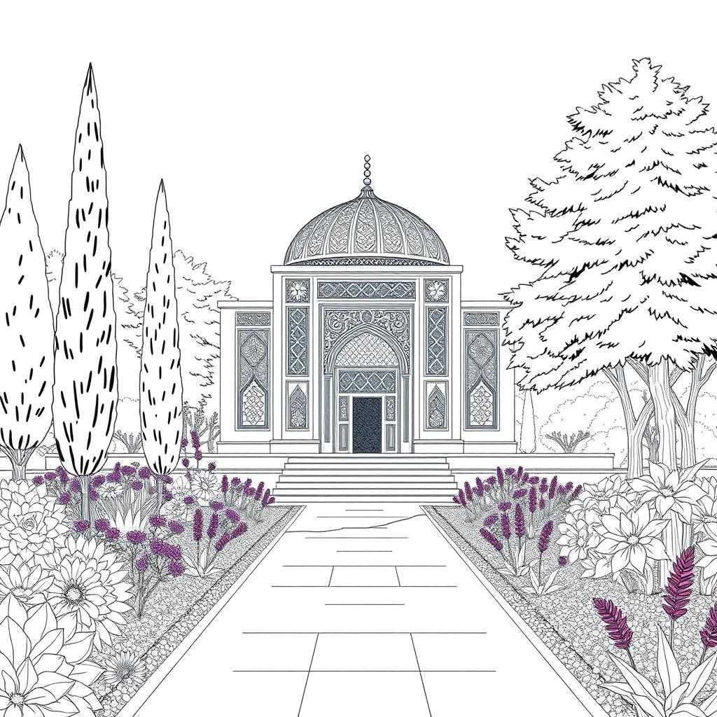 A beautifully detailed line art illustration of Sa'di's Tomb in Shiraz, capturing the intricate architecture and lush surrounding gardens