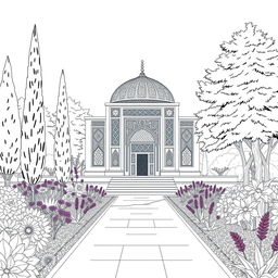 A beautifully detailed line art illustration of Sa'di's Tomb in Shiraz, capturing the intricate architecture and lush surrounding gardens