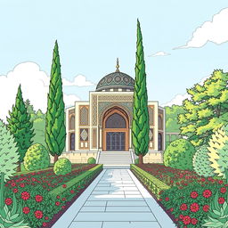 A beautifully detailed line art illustration of Sa'di's Tomb in Shiraz, capturing the intricate architecture and lush surrounding gardens