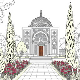 A beautifully detailed line art illustration of Sa'di's Tomb in Shiraz, capturing the intricate architecture and lush surrounding gardens