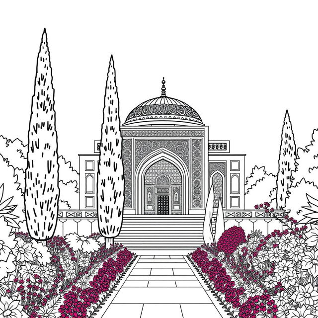 A beautifully detailed line art illustration of Sa'di's Tomb in Shiraz, capturing the intricate architecture and lush surrounding gardens