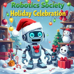 A festive Christmas poster for a Robotics Society, featuring a whimsical robot wearing a Santa hat, surrounded by colorful Christmas decorations like lights, ornaments, and candy canes