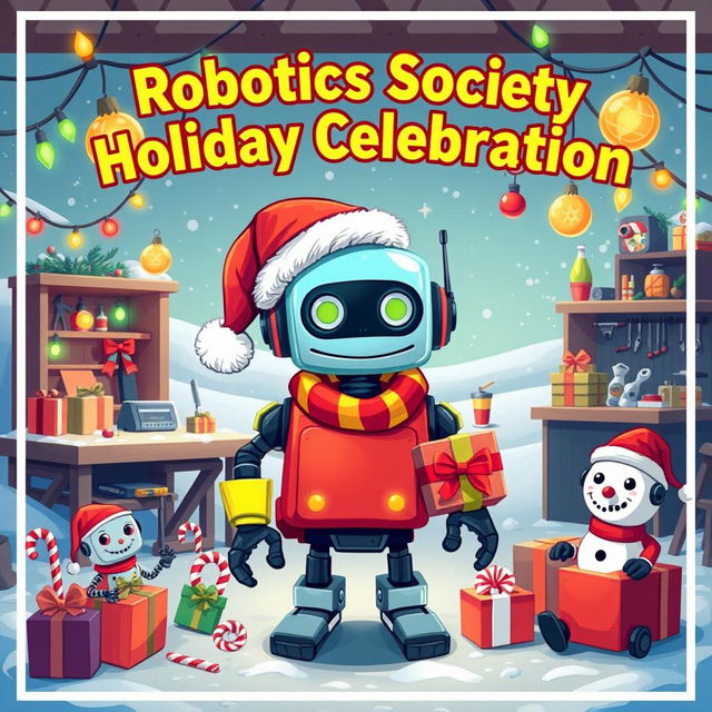 A festive Christmas poster for a Robotics Society, featuring a whimsical robot wearing a Santa hat, surrounded by colorful Christmas decorations like lights, ornaments, and candy canes