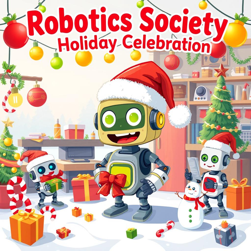 A festive Christmas poster for a Robotics Society, featuring a whimsical robot wearing a Santa hat, surrounded by colorful Christmas decorations like lights, ornaments, and candy canes