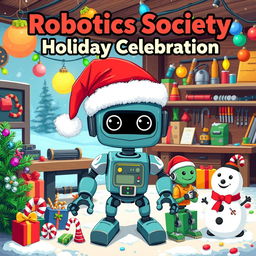 A festive Christmas poster for a Robotics Society, featuring a whimsical robot wearing a Santa hat, surrounded by colorful Christmas decorations like lights, ornaments, and candy canes