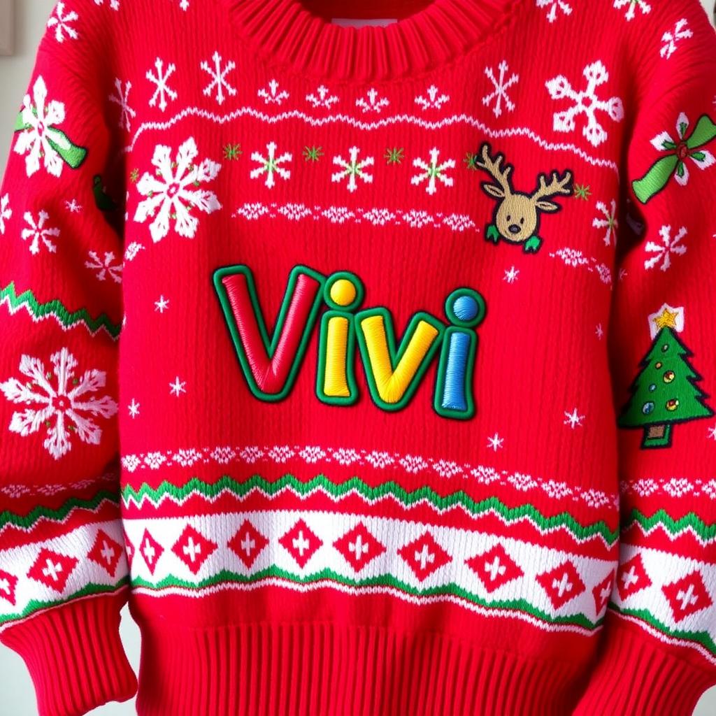 A vibrant, cartoon-style Christmas sweater featuring festive patterns like snowflakes and reindeer