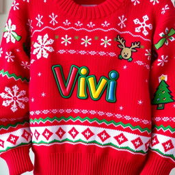 A vibrant, cartoon-style Christmas sweater featuring festive patterns like snowflakes and reindeer