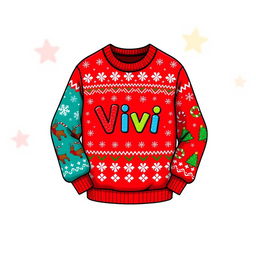 A vibrant, cartoon-style Christmas sweater featuring festive patterns like snowflakes and reindeer