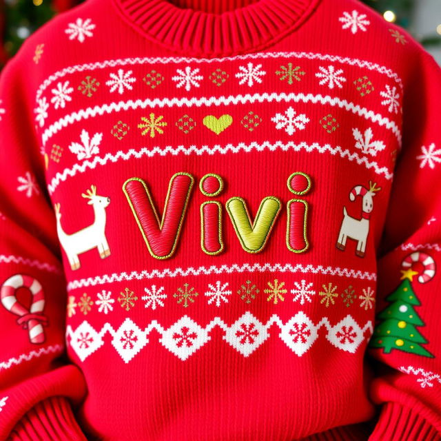 A vibrant, cartoon-style Christmas sweater featuring festive patterns like snowflakes and reindeer