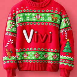 A vibrant, cartoon-style Christmas sweater featuring festive patterns like snowflakes and reindeer