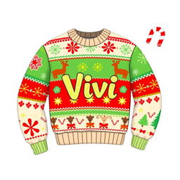 A cheerful 2D cartoon-style Christmas sweater with a festive theme, featuring playful designs like colorful snowflakes and jolly reindeer
