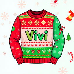 A cheerful 2D cartoon-style Christmas sweater with a festive theme, featuring playful designs like colorful snowflakes and jolly reindeer