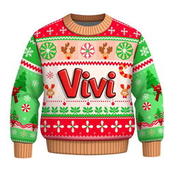 A cheerful 2D cartoon-style Christmas sweater with a festive theme, featuring playful designs like colorful snowflakes and jolly reindeer