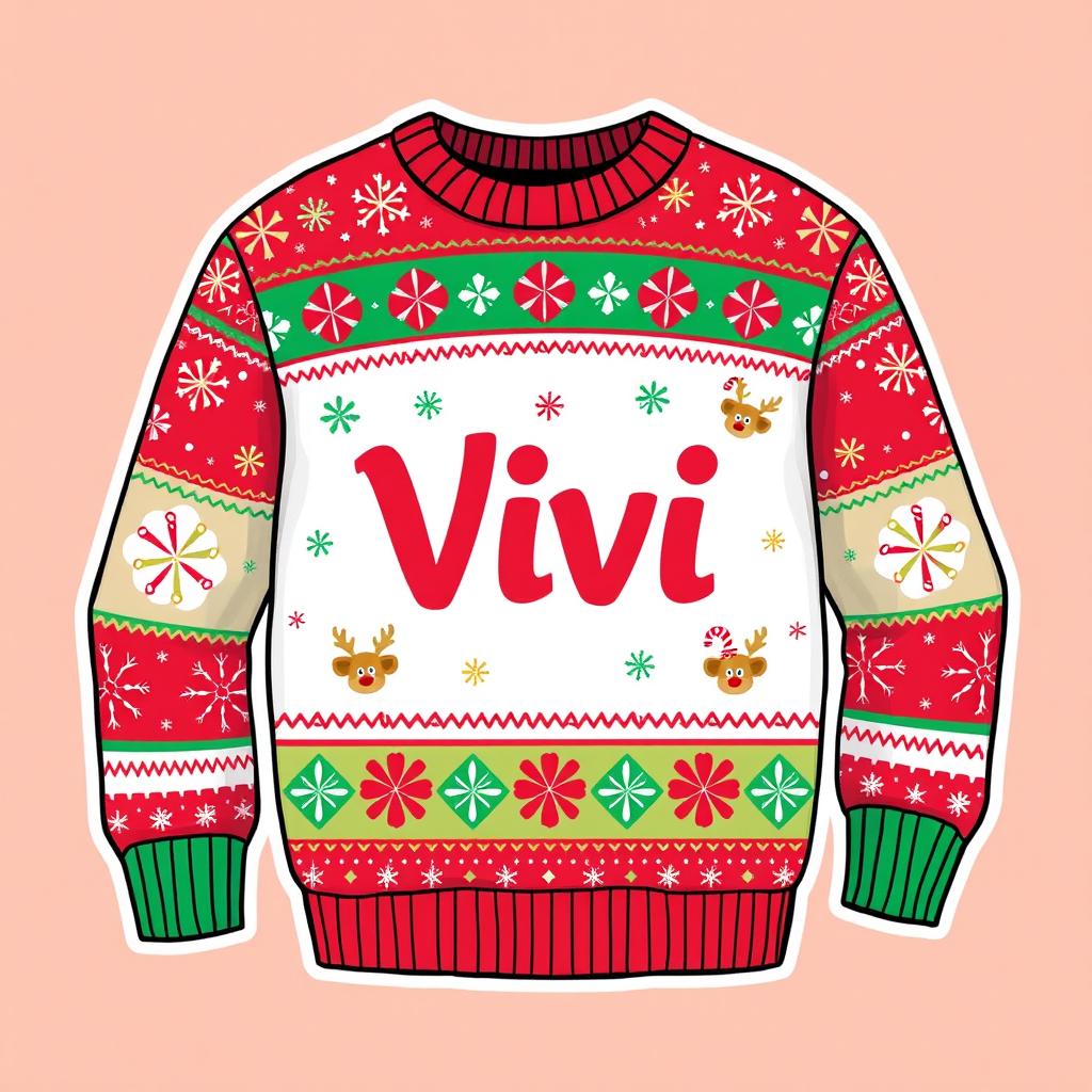 A cheerful 2D cartoon-style Christmas sweater with a festive theme, featuring playful designs like colorful snowflakes and jolly reindeer