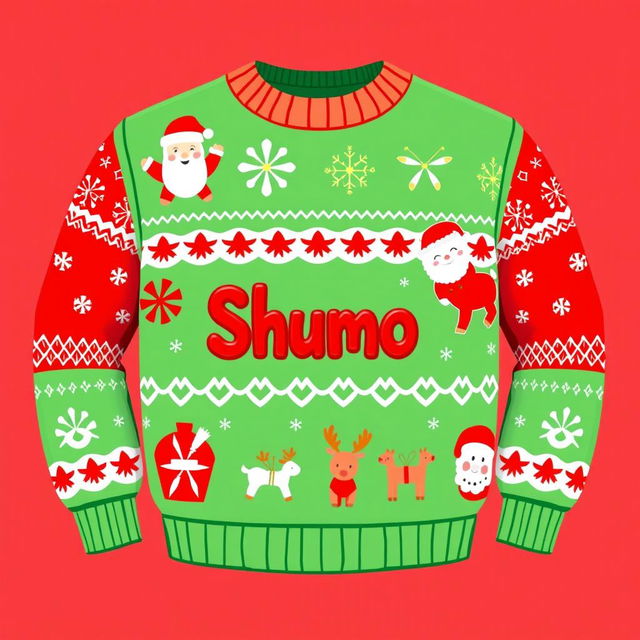 A fun 2D cartoon-style Christmas sweater featuring playful holiday designs, primarily in bright red and green colors