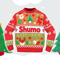 A fun 2D cartoon-style Christmas sweater featuring playful holiday designs, primarily in bright red and green colors