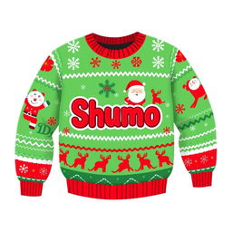 A fun 2D cartoon-style Christmas sweater featuring playful holiday designs, primarily in bright red and green colors