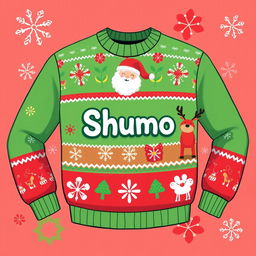 A fun 2D cartoon-style Christmas sweater featuring playful holiday designs, primarily in bright red and green colors
