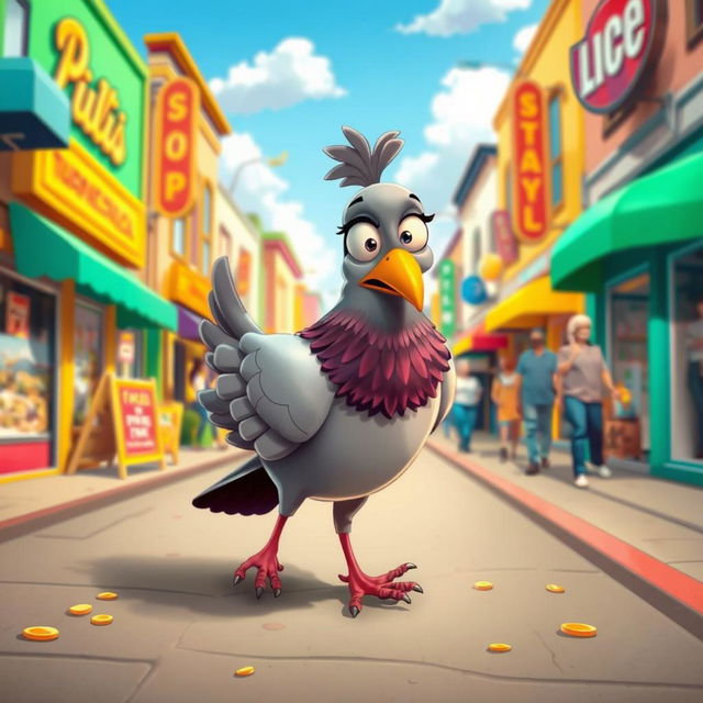 A whimsical scene depicting a cartoon-style pigeon that appears slightly tipsy or drunk, swaggering down a vibrant city street