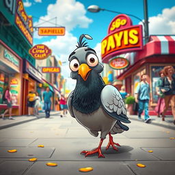 A whimsical scene depicting a cartoon-style pigeon that appears slightly tipsy or drunk, swaggering down a vibrant city street