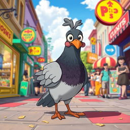 A whimsical scene depicting a cartoon-style pigeon that appears slightly tipsy or drunk, swaggering down a vibrant city street