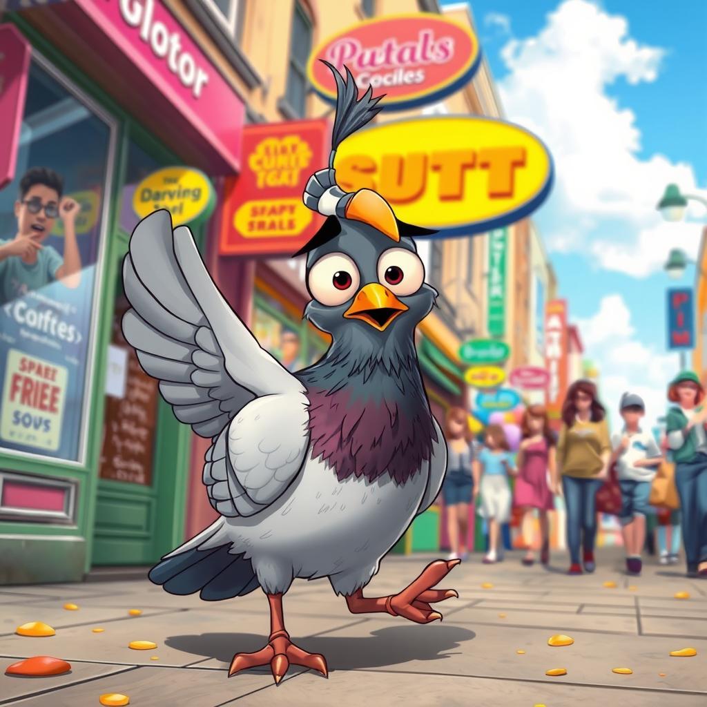 A whimsical scene depicting a cartoon-style pigeon that appears slightly tipsy or drunk, swaggering down a vibrant city street