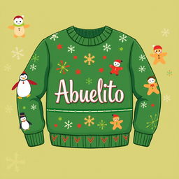 A charming 2D cartoon-style Christmas sweater featuring a playful holiday design