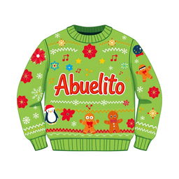 A charming 2D cartoon-style Christmas sweater featuring a playful holiday design