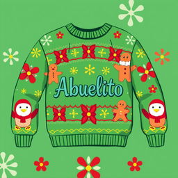 A charming 2D cartoon-style Christmas sweater featuring a playful holiday design