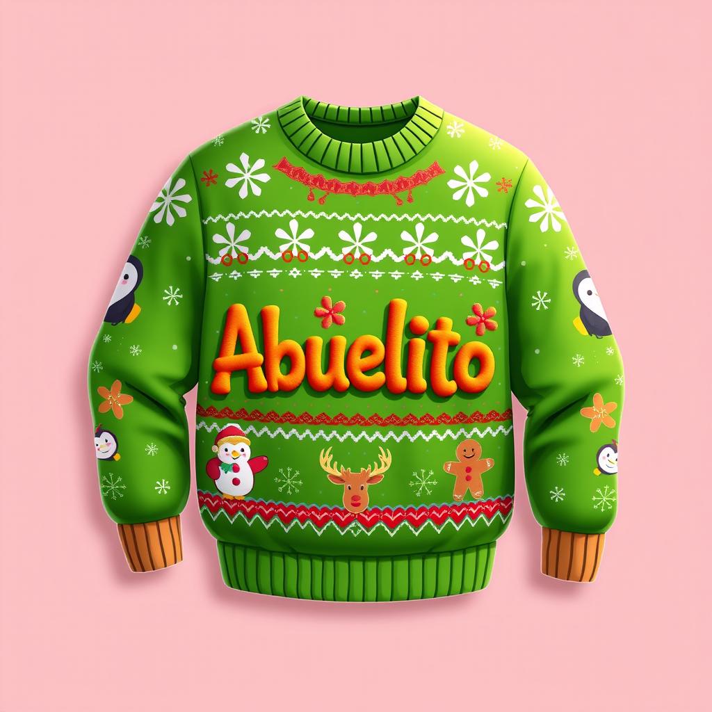 A charming 2D cartoon-style Christmas sweater featuring a playful holiday design