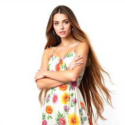 A stunning portrait of a confident young woman with long flowing brunette hair and bright green eyes, wearing a fashionable summer dress