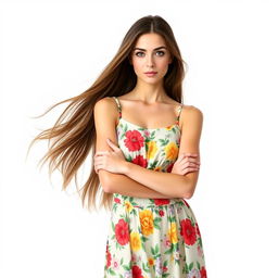 A stunning portrait of a confident young woman with long flowing brunette hair and bright green eyes, wearing a fashionable summer dress