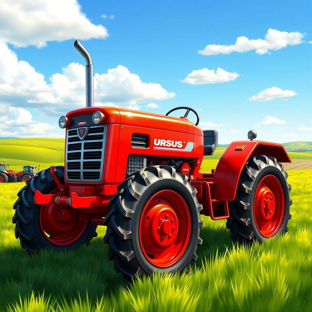 A detailed illustration of the Ursus C-360 tractor, showcasing its iconic features such as the bright red color, large rear wheels, and compact design